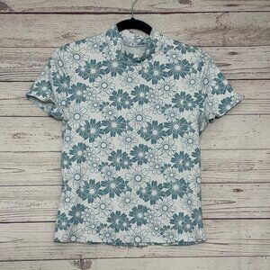 🍗 Unbranded White/Turquoise Flower Mock Neck‎ Top Small
